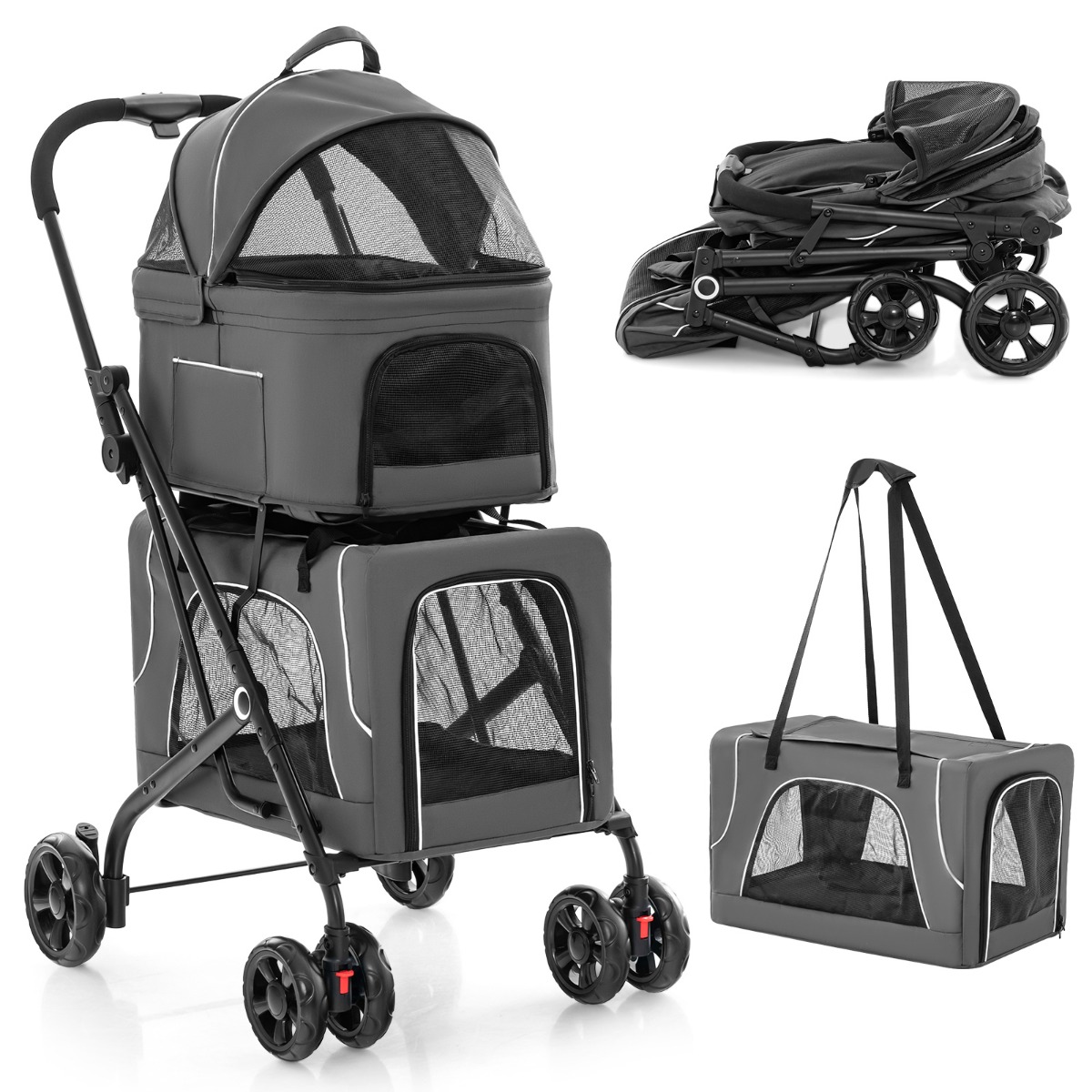 Costway Grey Foldable Double Pet Stroller With Detachable Carriers