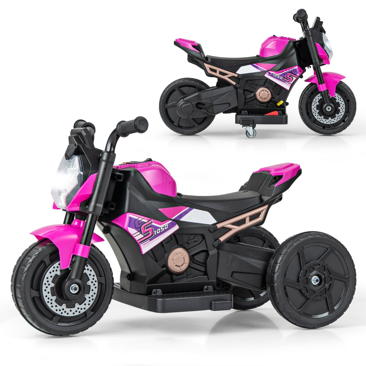 6V Kids Ride-on Motorcycle with 2-wheel/3-wheel Conversion & Detachable Training Wheels-Pink