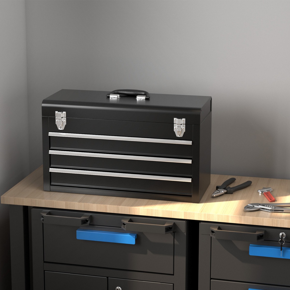 Portable Steel Tool Box With 3 Drawers And Top Storage Tray Black ...