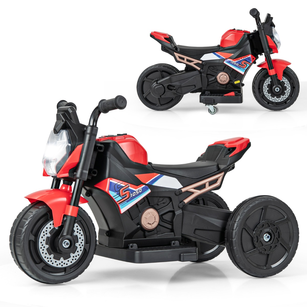 6V Kids Ride-on Motorcycle with 2-wheel/3-wheel Conversion & Detachable Training Wheels-Red