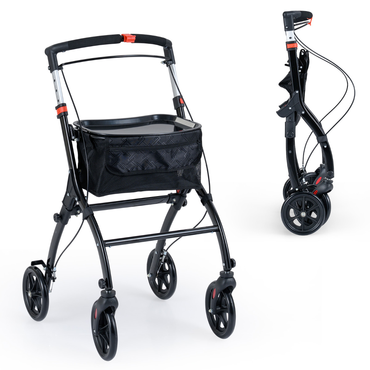 Costway Black Rollator Walkers Lightweight Foldable Rolling Walker With Tray For Seniors