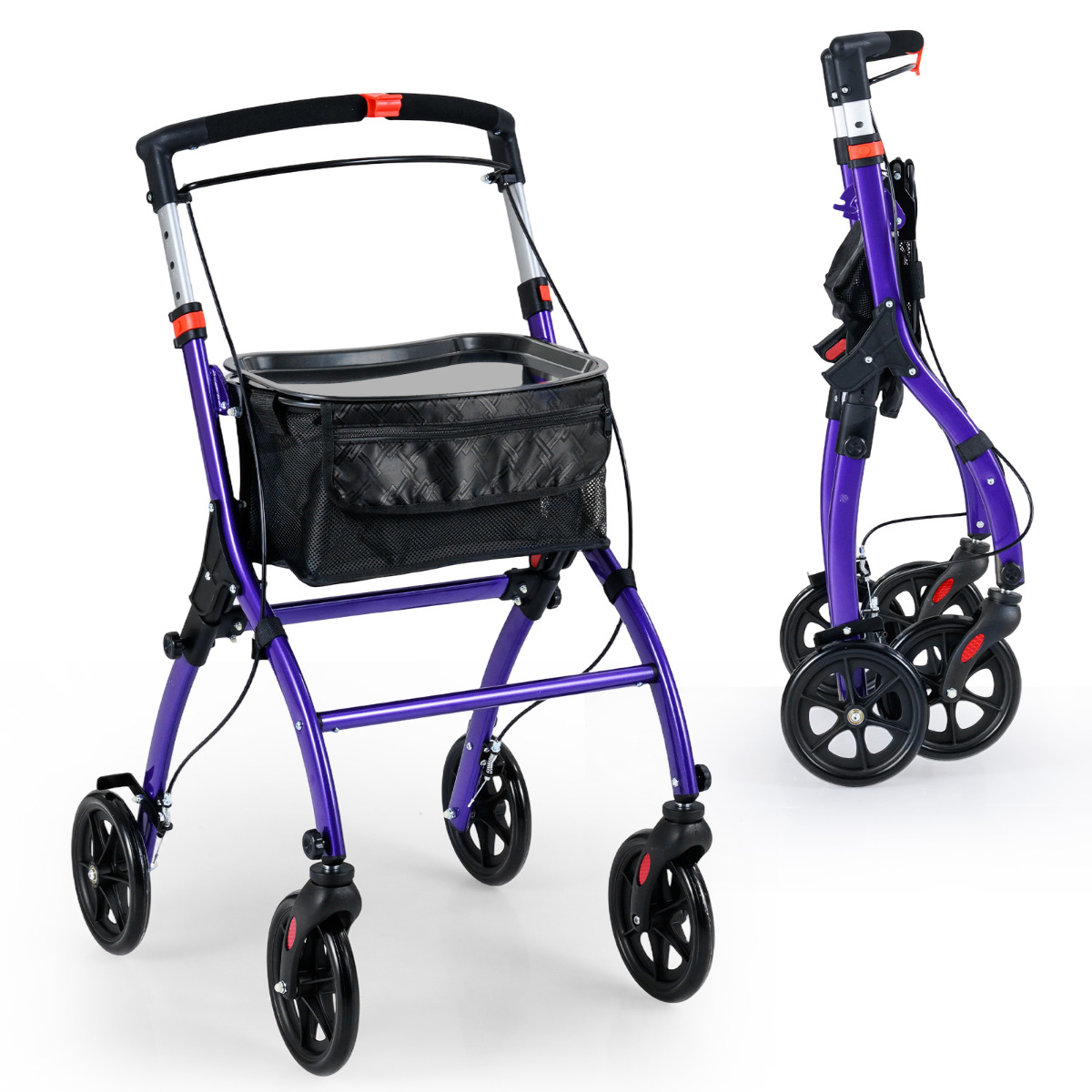 Costway Purple Rollator Walkers Lightweight Foldable Rolling Walker With Tray For Seniors