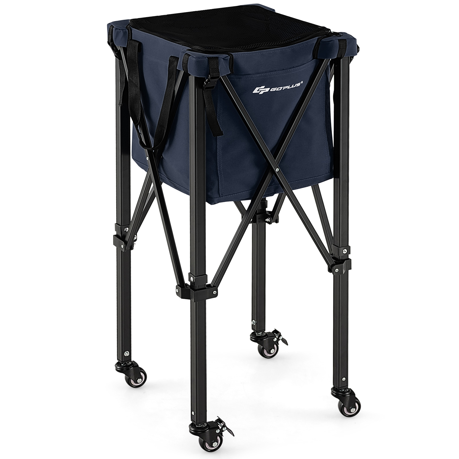 Costway Blue Foldable Aluminum Tennis Ball Cart Hopper Basket With Wheels