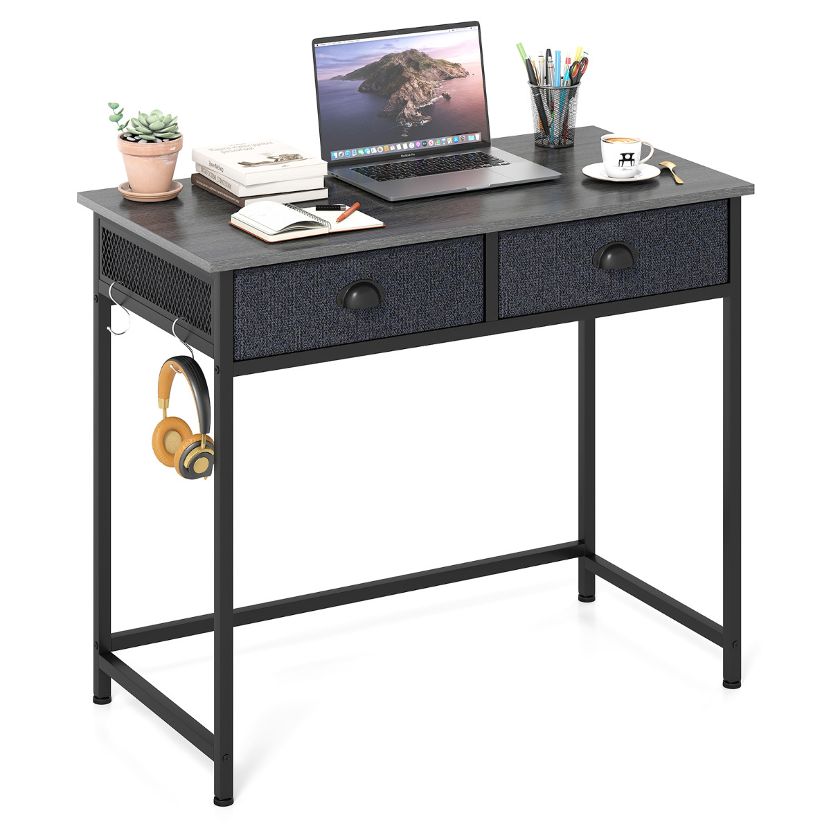Costway Grey Space Saving Computer Desk With 2 Fabric Drawers