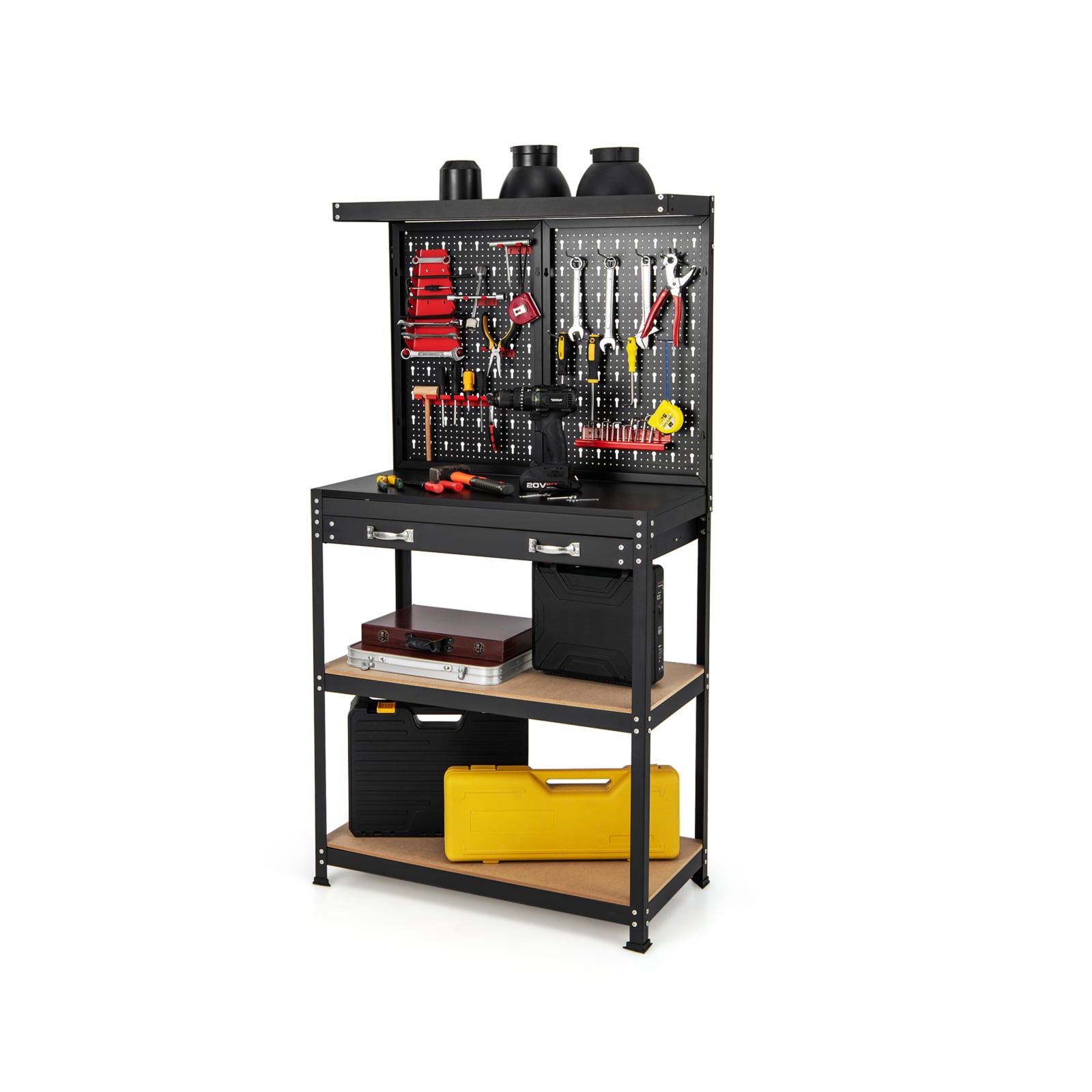 Costway Red Tool Storage Workbench With Pegboard Shelves And Drawers