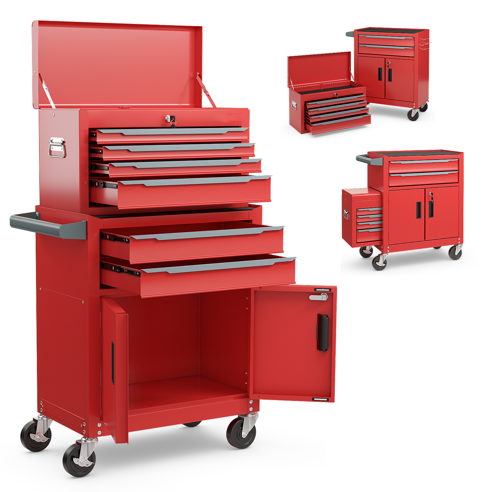 Costway 6-Drawer Rolling Tool Chest With Universal Wheels And Hooks-Red-S