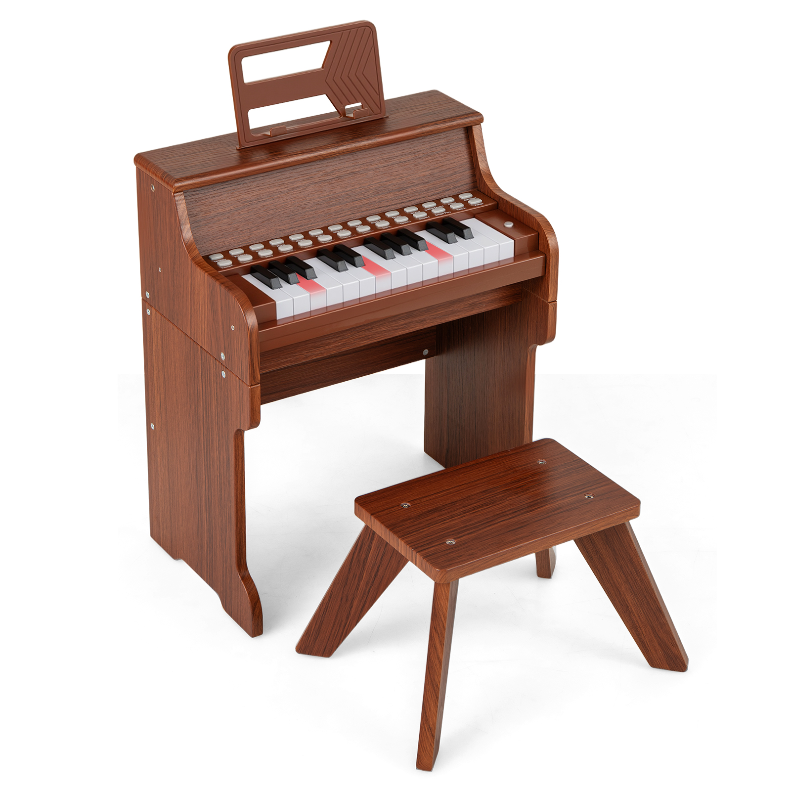 Costway Brown 25 Lighted Keys Kids Piano Keyboard With Stool And Adjustable Speed
