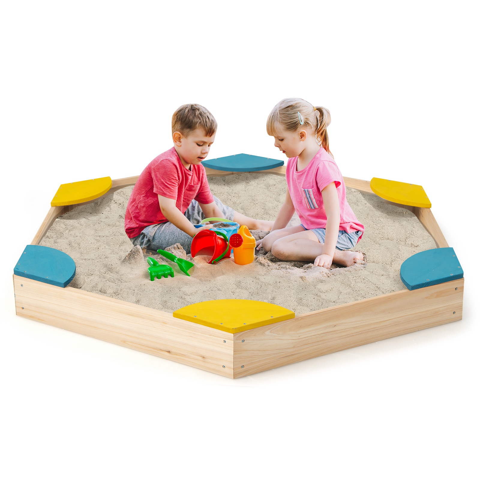 Wooden Sandbox with 6 Built-in Fan-shaped Seats and Bottomless Structure