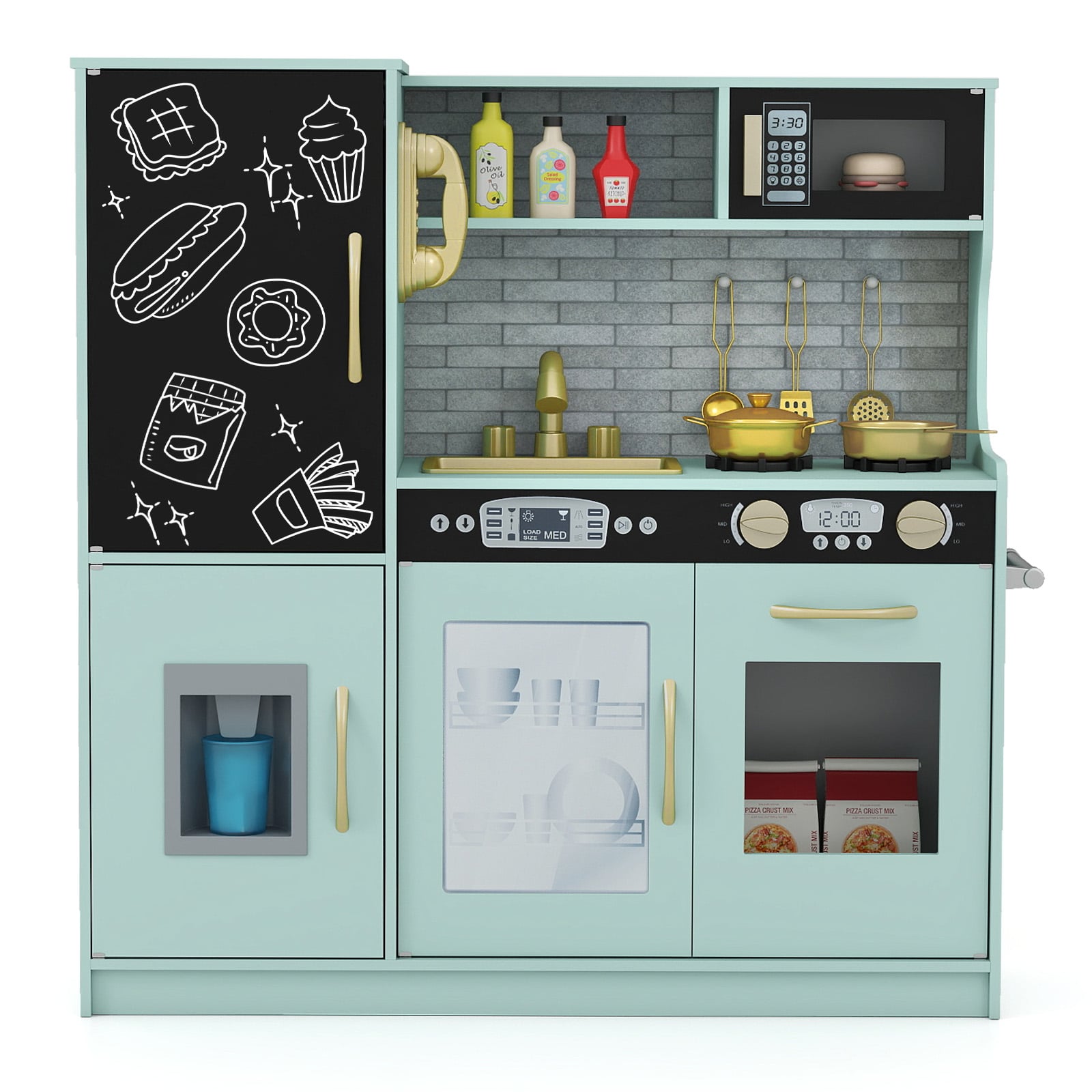 Costway Green Toddler Pretend Kitchen Playset With Accessories And Simulated Sounds