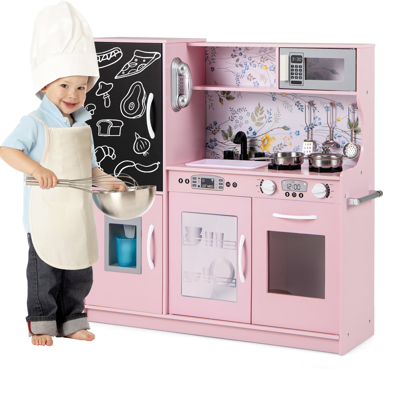 Costway Cream Pink Toddler Pretend Kitchen Playset With Accessories And Simulated Sounds