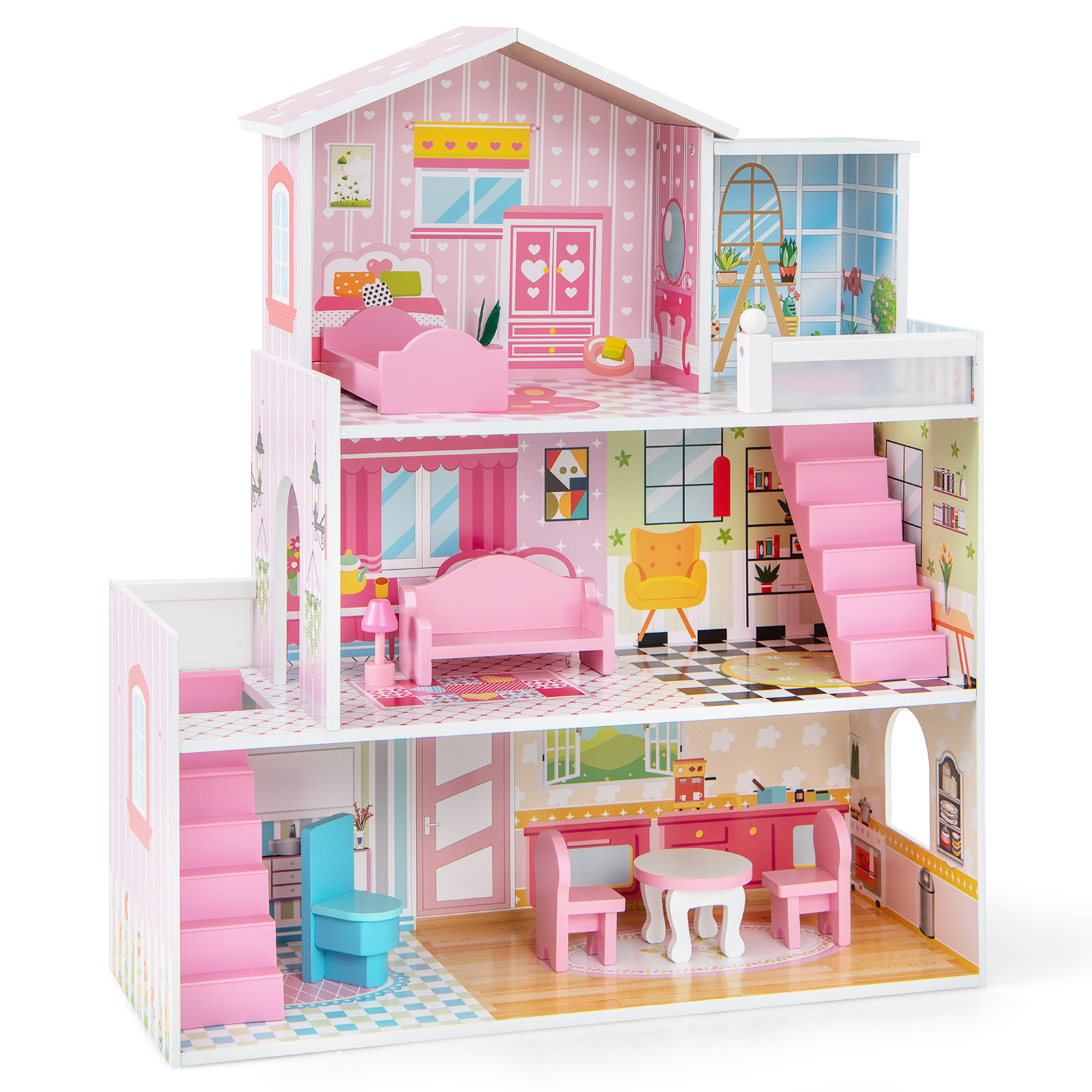 Kids Wooden Dollhouse DIY Pretend for Toddlers 3-7 Years Old-Pink
