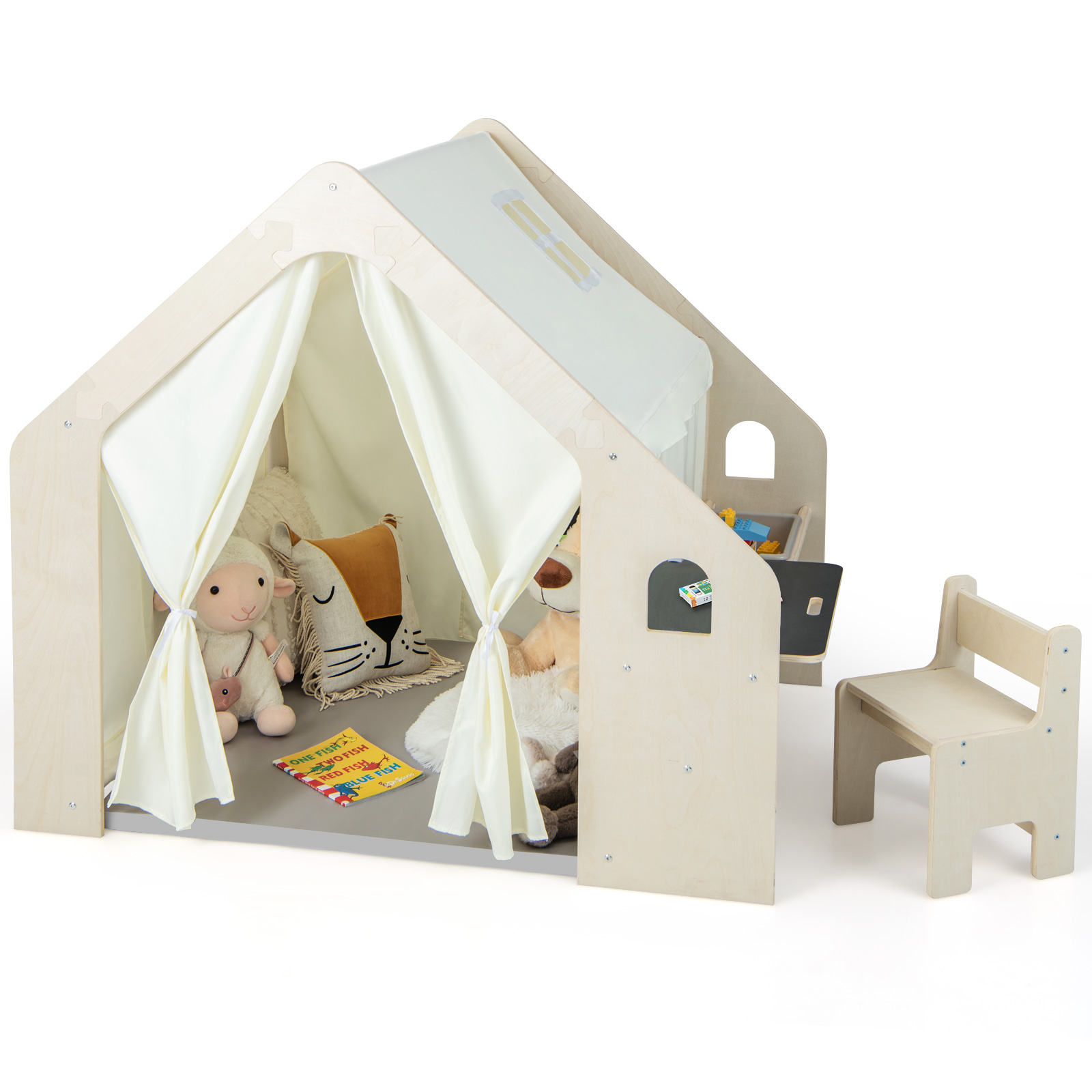 Indoor Playhouse with Storage Bin and Floor Mat for Toddlers-Natural