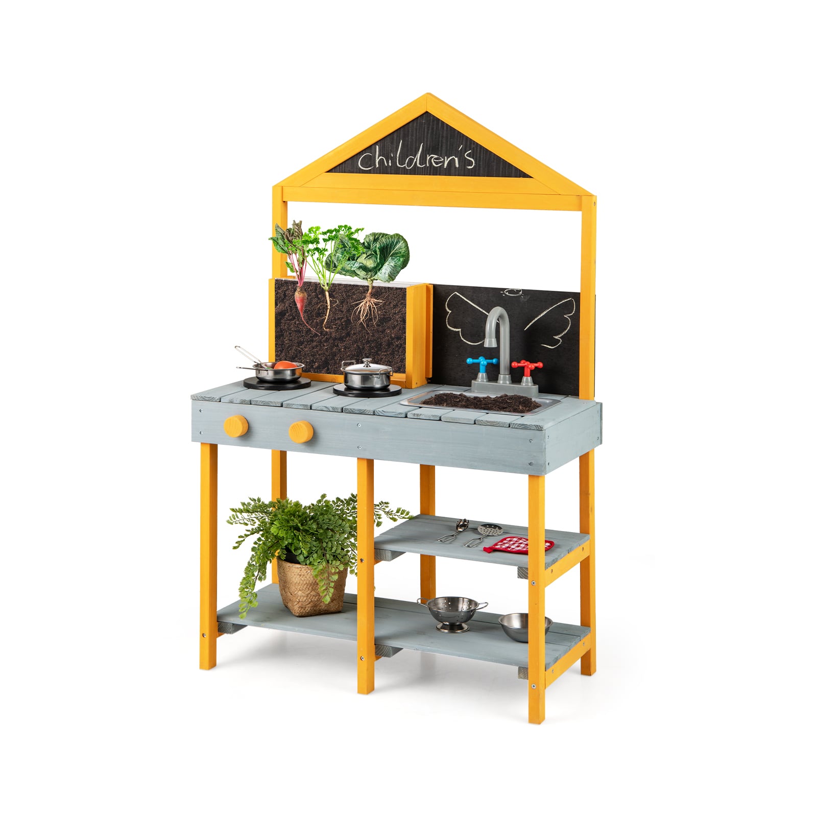 Costway Blue Kids Kitchen Playset With Root Viewer Planter Rotatable Faucet