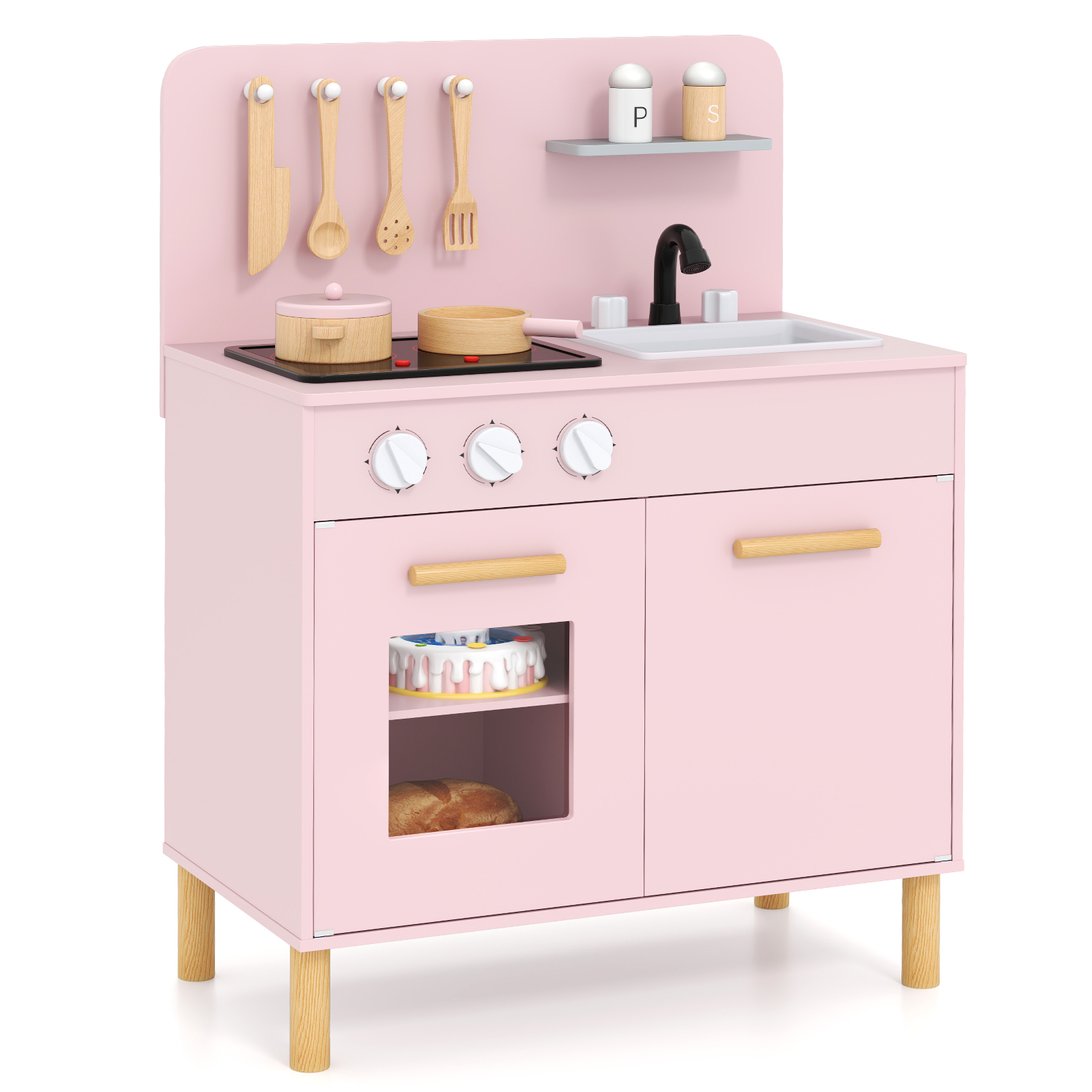Costway Pink Toddler Pretend Play Kitchen With Light Up Stove And Cooking Sounds