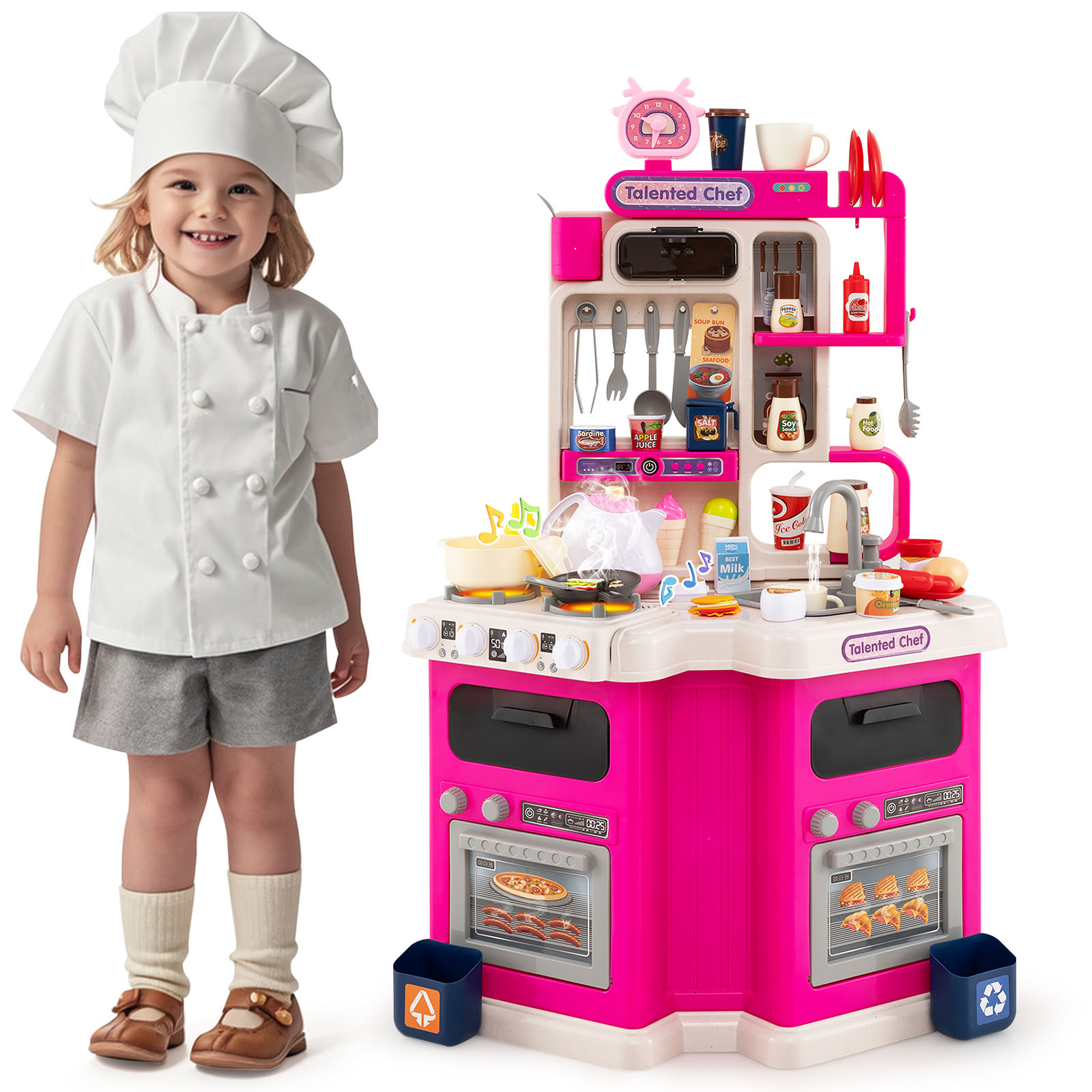 Costway Pink Kids Kitchen Playset Corner Play Kitchen With Realistic Sounds And Lights