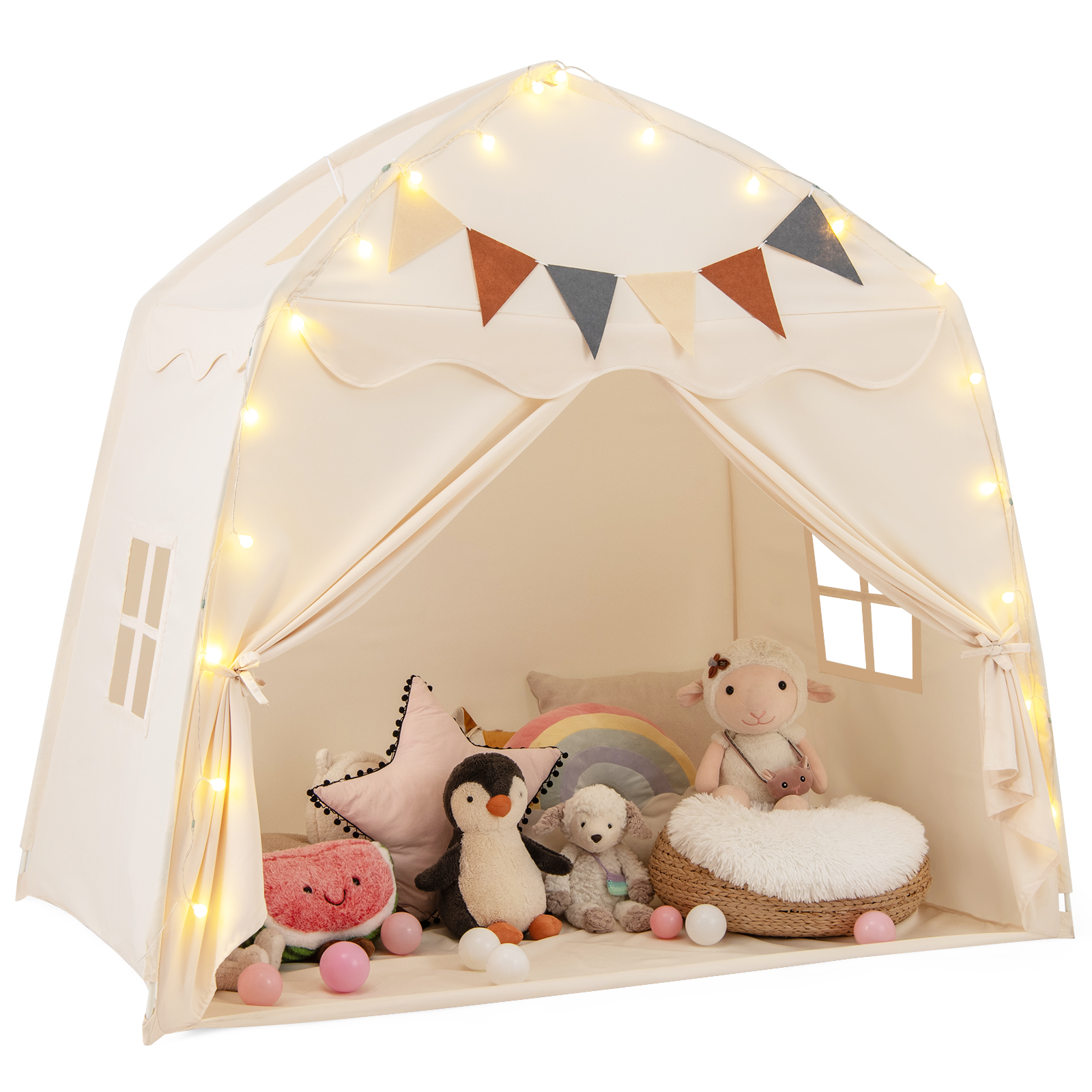 Costway Kids Play Tent Bed Tent Extra Large With Lights For 3-12 Years Old-Beige