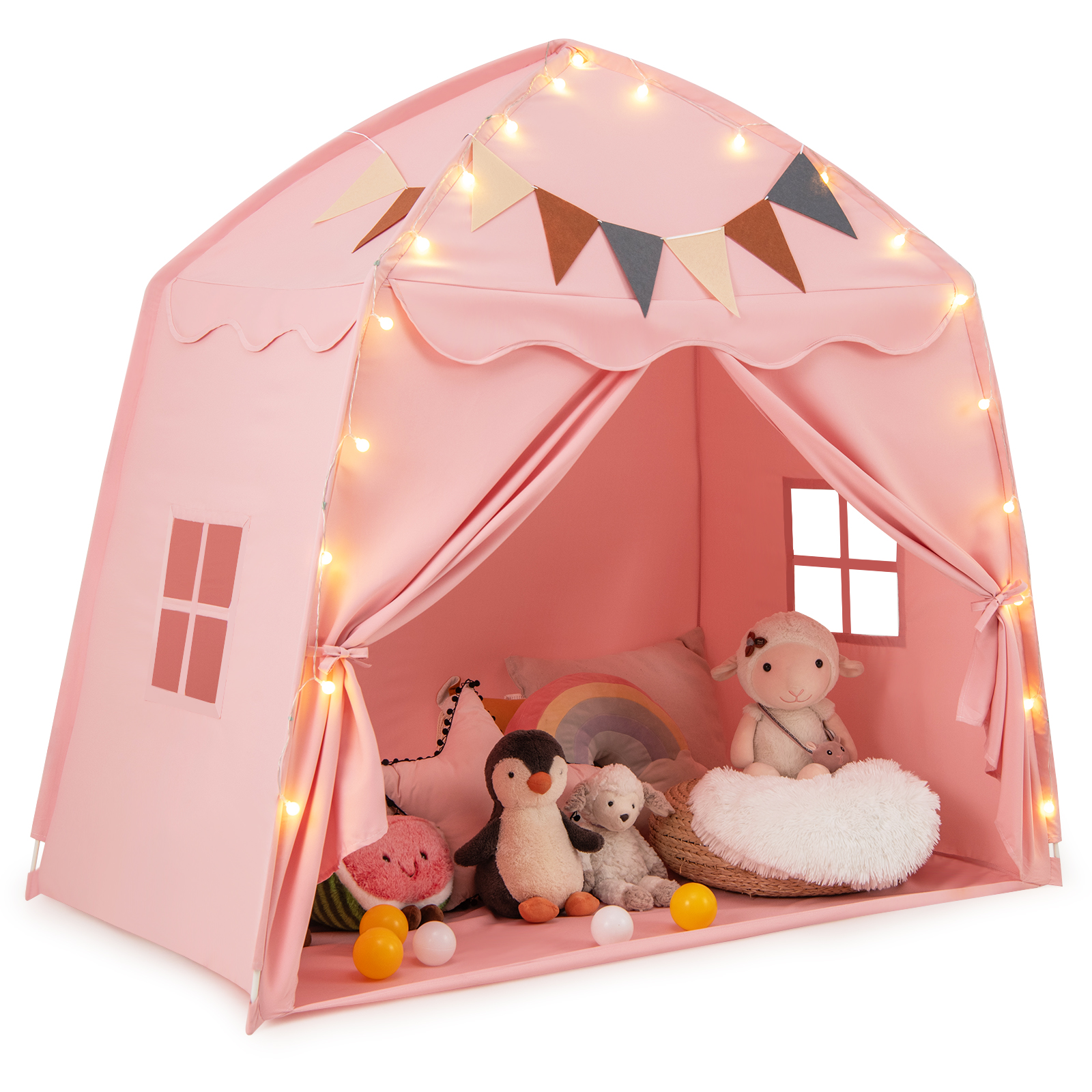 Costway Pink Kids Play Tent Bed Tent Extra Large With Lights For 3-12 Years Old