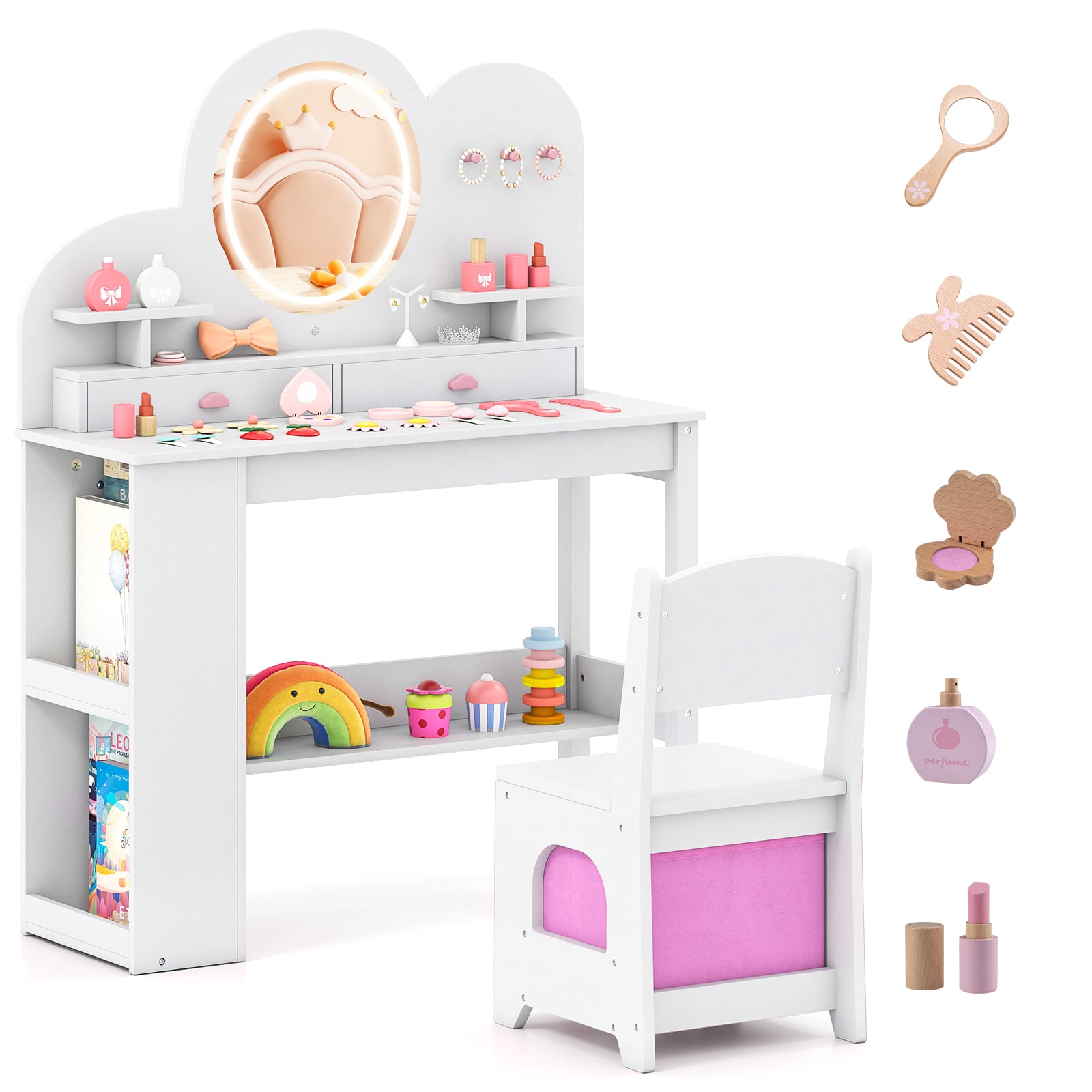 Costway White Kids Vanity With Lights Princess Vanity Table And Chair Set With 2 Drawers