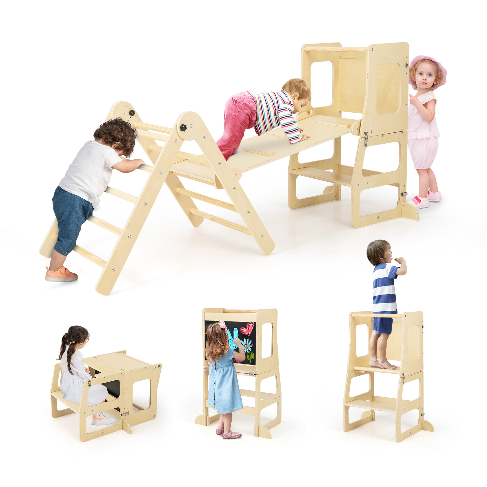 7-in-1 Toddler Climbing Toy Set Folding with Step Stool Ages 3-14 Years Old-Natural