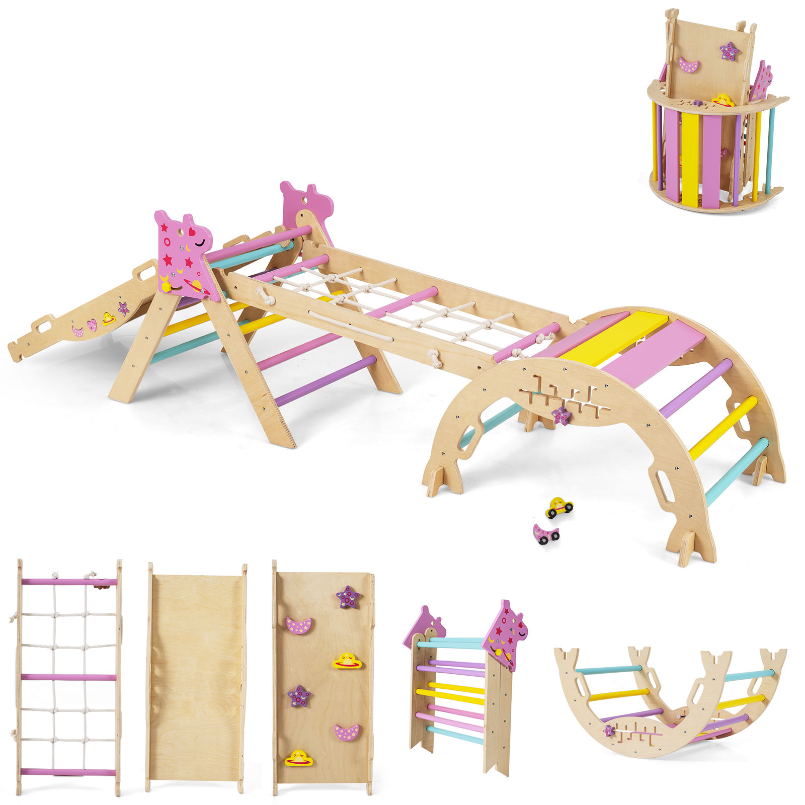 Costway Macaron Wooden Montessori Climbing Set With Climbing Rope And Ladder