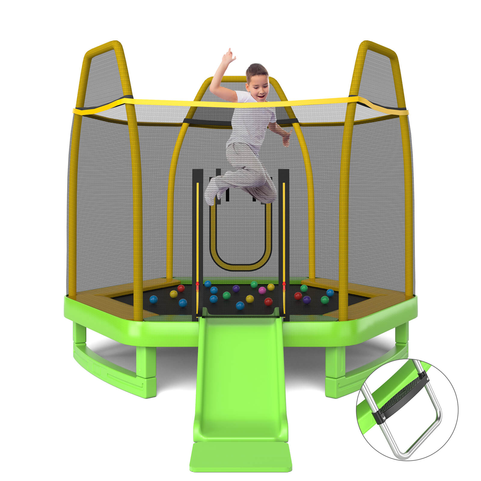 Costway Green 7 Feet Hexagonal Trampoline With Slide And Safety Enclosure Net