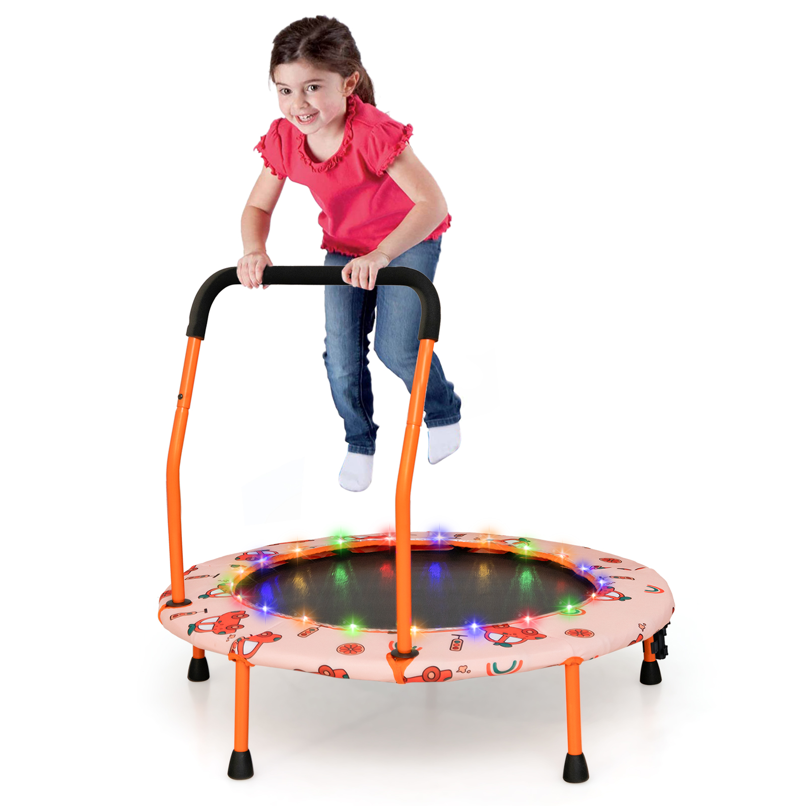 Mini Trampoline for Children with LED Lights and Safety Handle-Orange