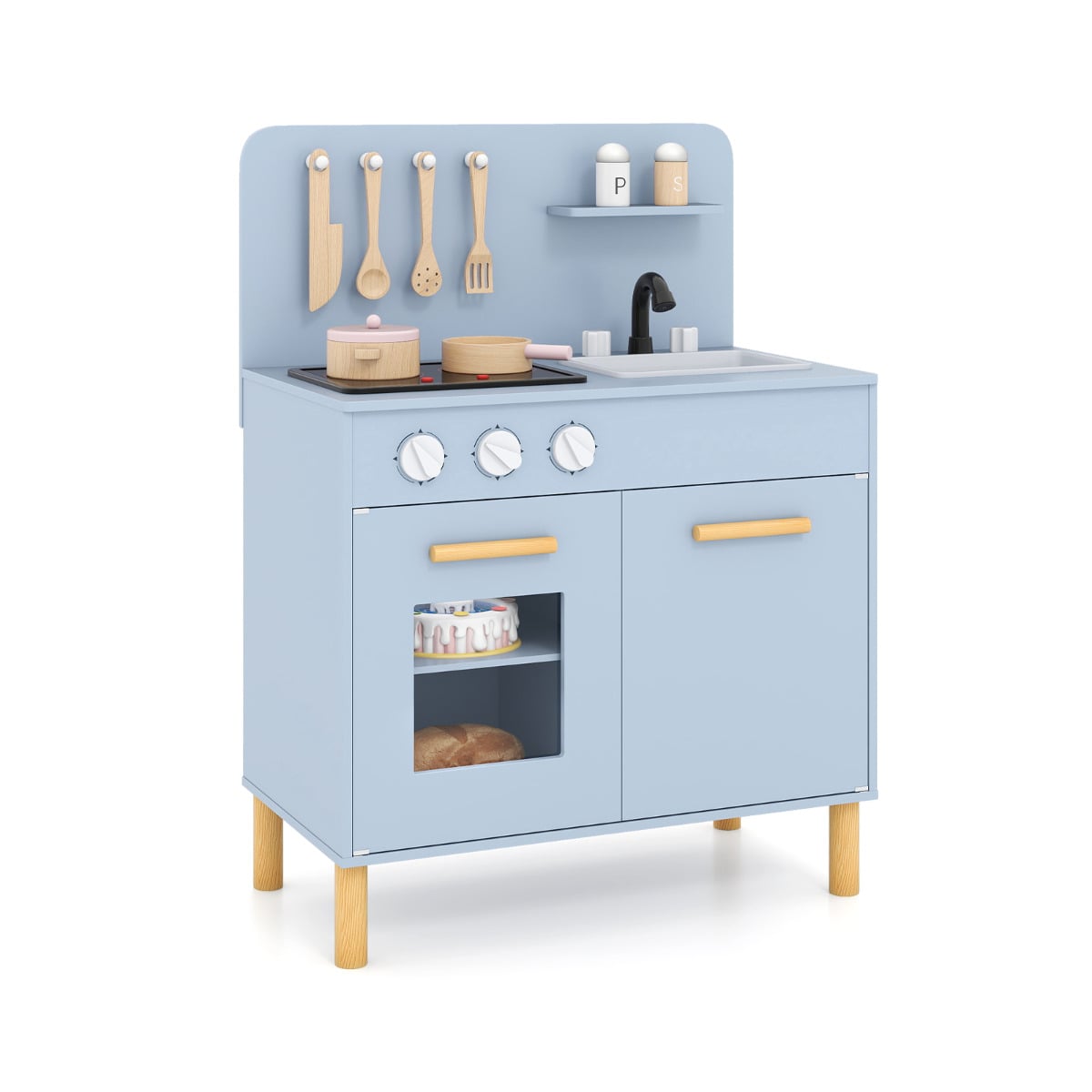 Costway Blue Toddler Pretend Play Kitchen With Light Up Stove And Cooking Sounds