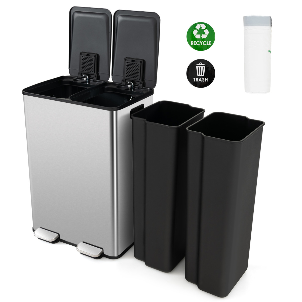 Costway Silver Trash Can With Deodorizer Compartments And Soft Close Lids