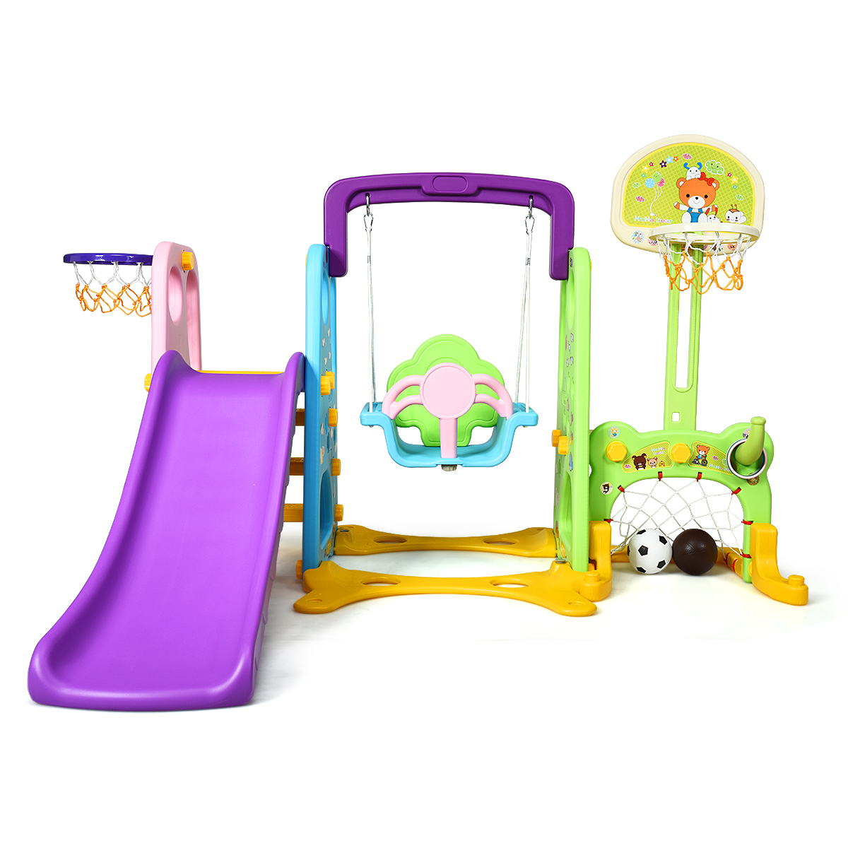6 in 1 Kids Multifunctional Play Set with Slide, Swing and Basketball Hoop
