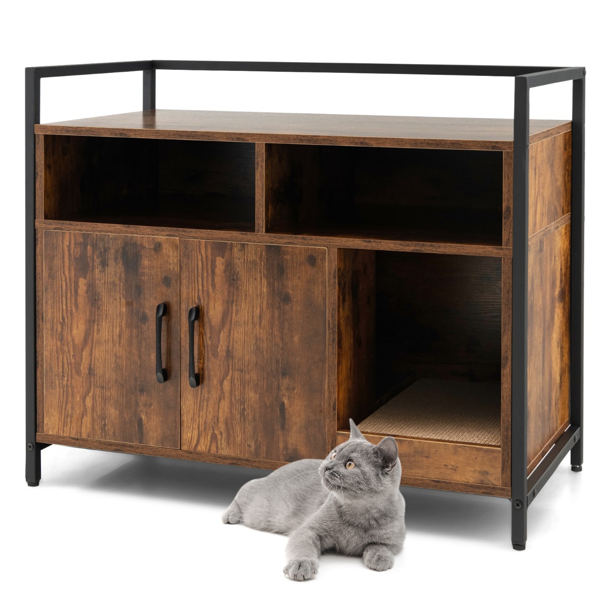Costway Coffee Wooden Cat Litter Box Enclosure With Compartments And Scratching Board