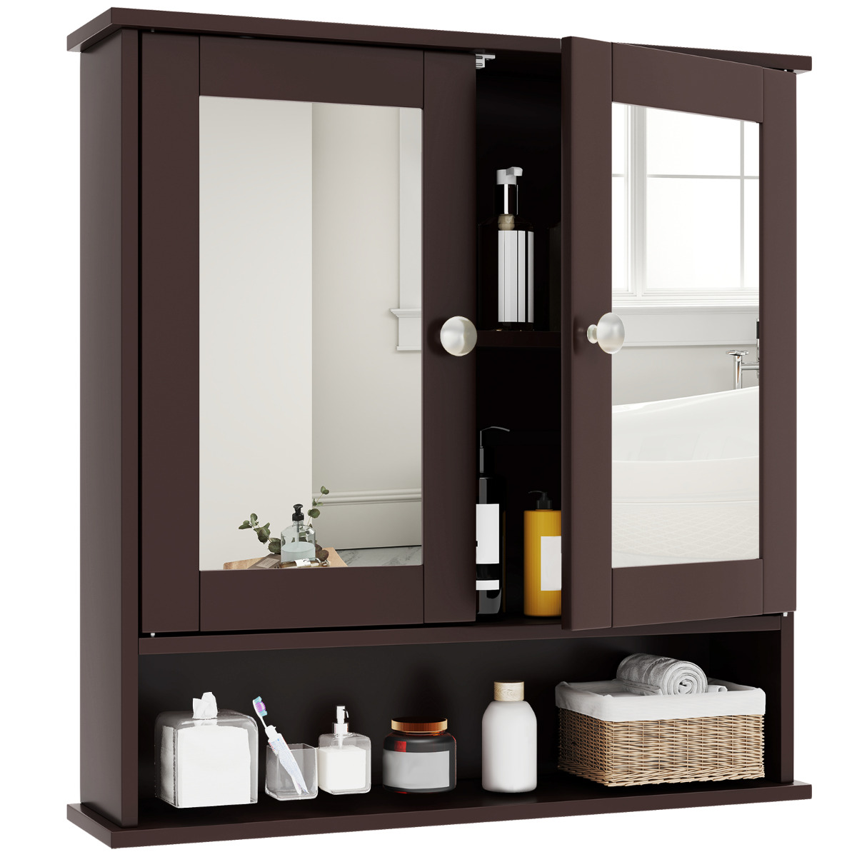 Costway Rustic Brown Wooden Hanging Medicine Organizer With Mirror And Adjustable Shelf