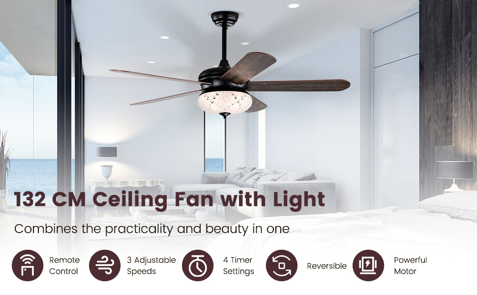 52" Ceiling Fan with Crystal Lights and Remote Control
