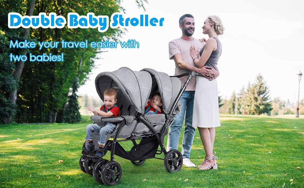 Double Seat Push Stroller with Adjustable Backrest and Sunshade1
