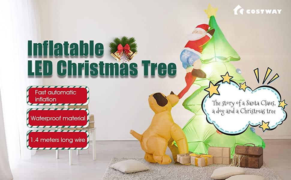 1.8m Inflatable Dog Chasing Santa to a Christmas Tree with LED Lights