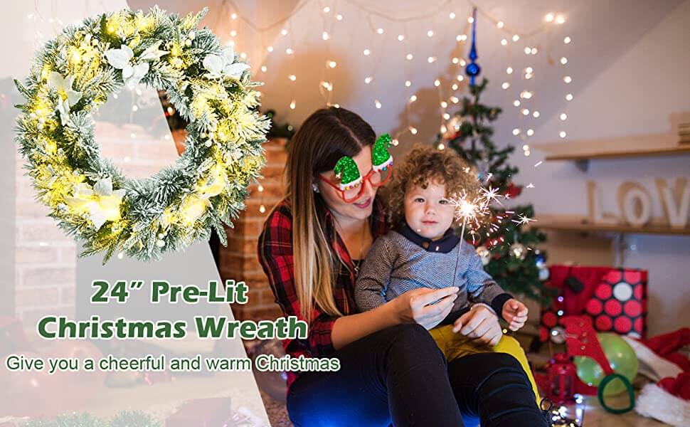 60CM Pre-Lit Christmas Wreath with 50 LED Lights and Built-in Timer