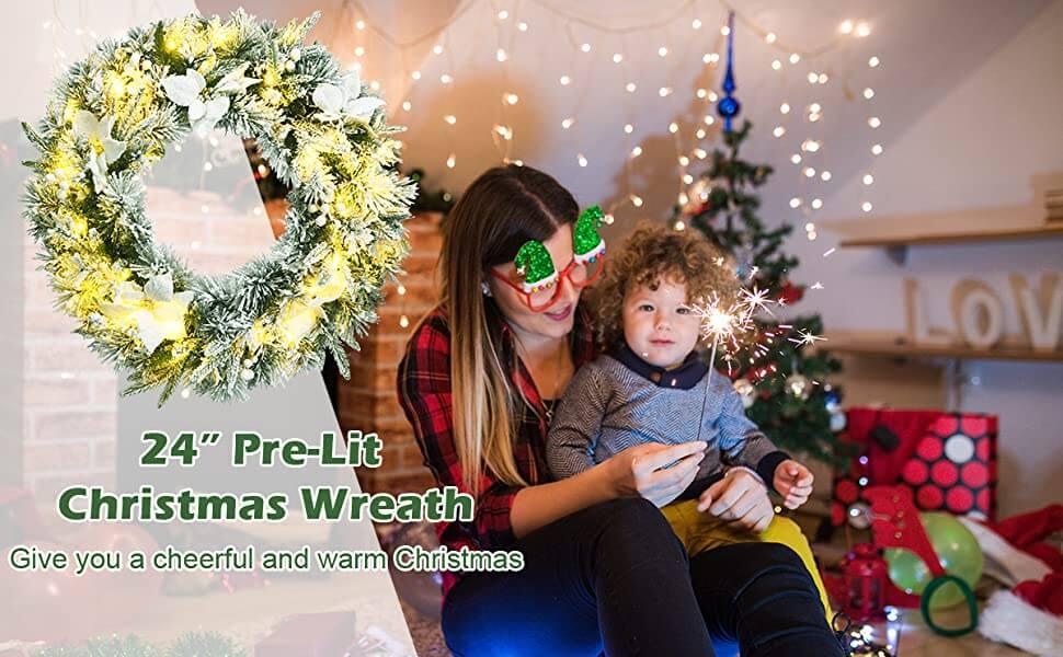 60CM Pre-Lit Christmas Wreath with 50 LED Lights and Built-in Timer