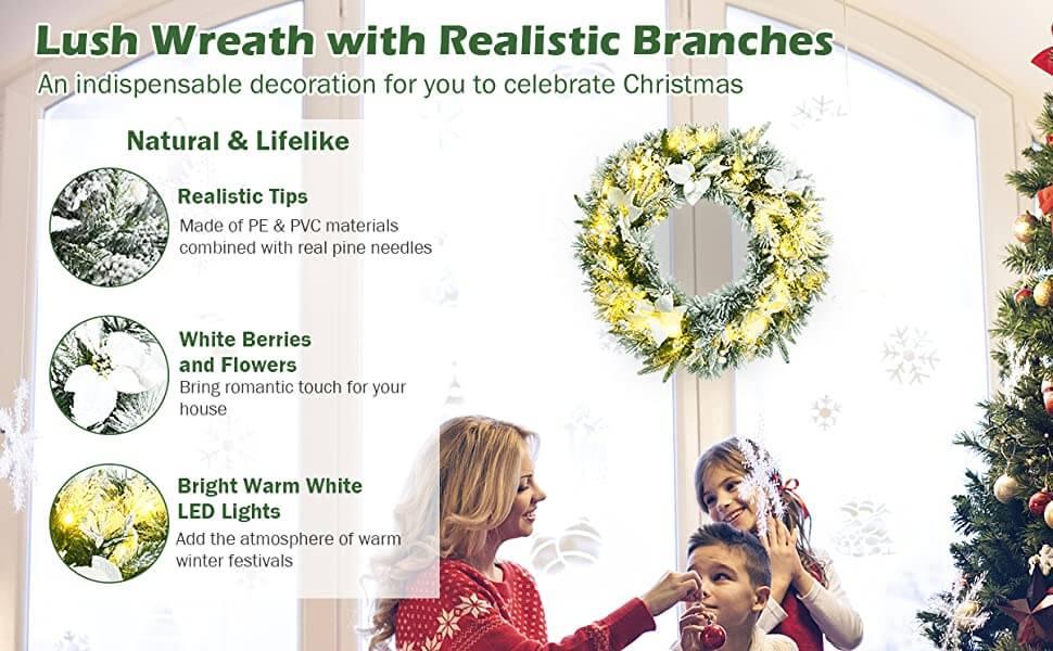 60CM Pre-Lit Christmas Wreath with 50 LED Lights and Built-in Timer2