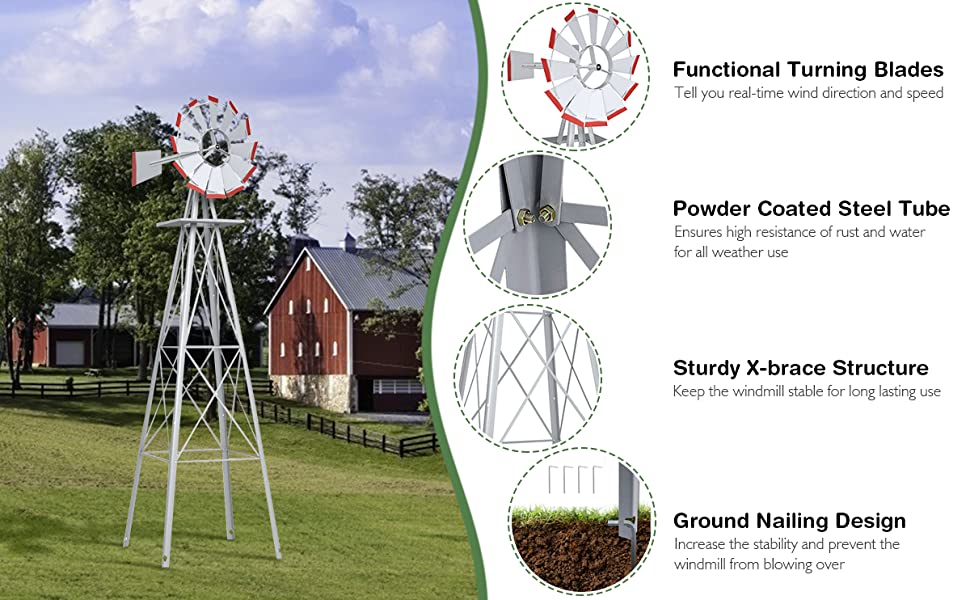 Green Tangkula 8FT Windmill Yard Garden Metal Ornamental Wind Mill Weather Vane Weather Resistant 