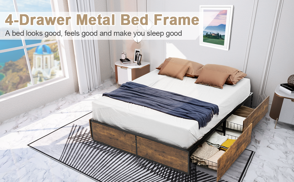 Double Metal Bed Frame with 4 Underbed Storage Drawers