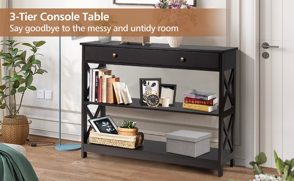 3-Tier Console Table with 1 Drawer and 2 Storage Shelves