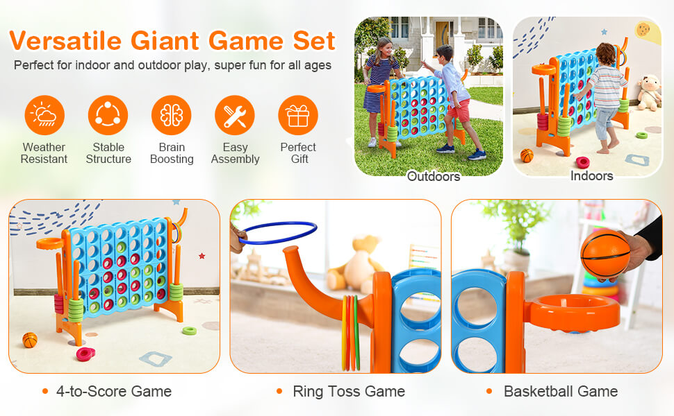 3-in-1 Giant Connect 4 Game Set with Basketball Hoop and Ring Toss-2