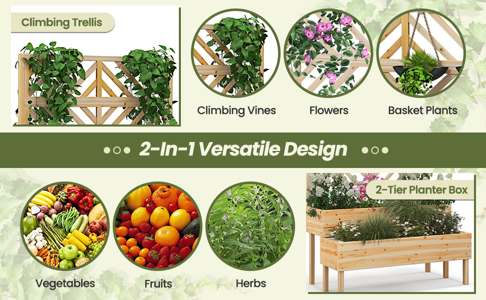 2-Tier Raised Garden Bed with Trellis and Drainage Hole