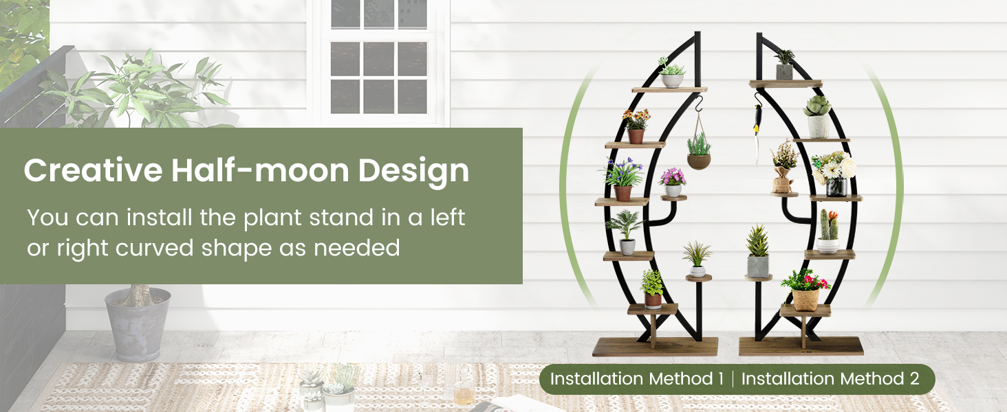 8-Tier Tall Wooden Curved Half-Moo Shape Plant Stand with Top Hook