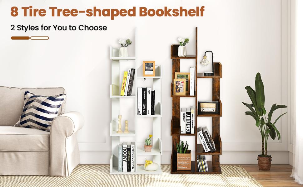 Tree-Shaped Bookshelf with 8 Storage Shelves