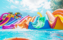 Scenes from a child's perspective playing with a water-themed inflatable castle