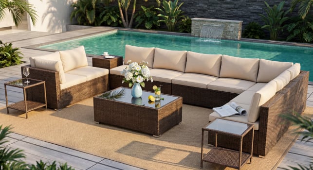 Modern outdoor furniture in a backyard