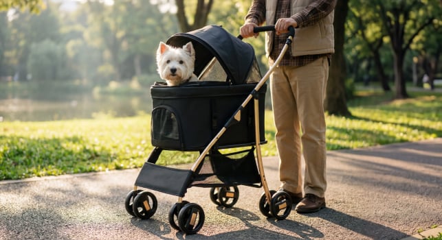 A man is pushing a pet stroller along the road