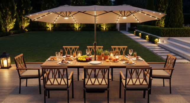 Large outdoor dining set on a patio under a lighted double-sided patio umbrella.