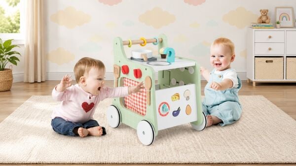 Two kids are sitting on the carpet, playing with the toys on a walker.