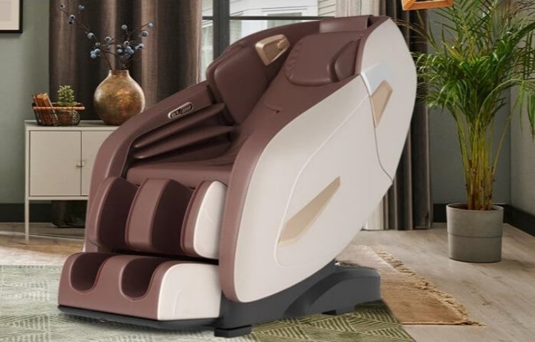 A brown and beige massage chair is positioned at the center of the image.